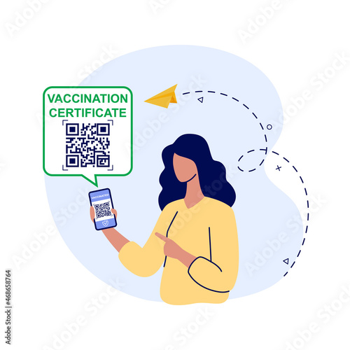 Certificate of vaccination vector flat illustration. Woman showing smartphone with vaccine QR code in mobile app or screen. Covid-19 coronavirus vaccine certificate or vaccine passport.