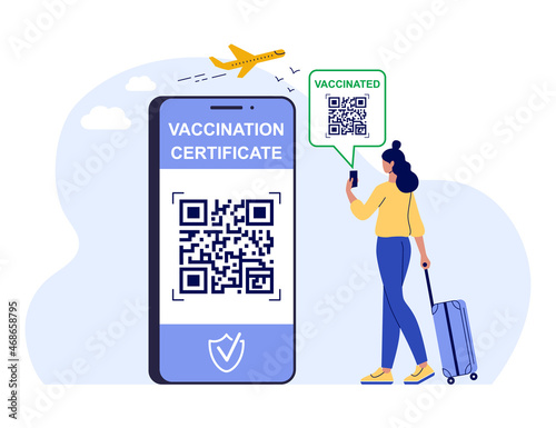 Woman using health passport of vaccination for covid-19. Safe travel in pandemic. Concept of vaccination certificate, coronavirus vaccine, covid-19 id card app. Vector flat illustration for web design