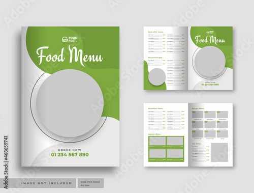 Food menu bifold brochure or restaurant cafe menu flyer template