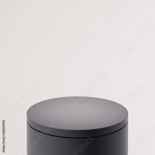 Black color cylindrical  podium, light gray background. Mock up pedestal design for display case,  showcase, shopfront. 3d render illustration.