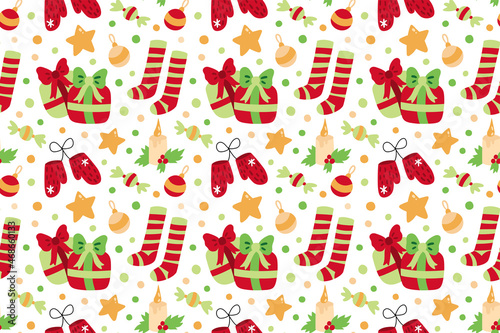 winter vector seamless pattern with cartoon Christmas elements. New Year's background. gifts, star, Christmas tree toy, confetti, mittens, striped socks, candle, berries, candy.