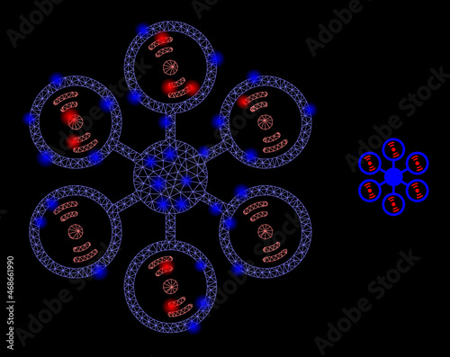 Glossy polygonal mesh web hexacopter icon with glow effect on a black background. Carcass hexacopter iconic vector with shiny points in stardust colors.