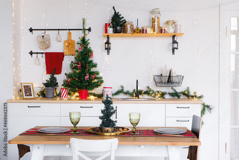 Loft style Interior white kitchen with christmas decor, xmas Loft style Interior white kitchen with christmas decor, xmas