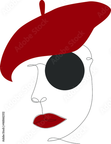 Abstract face of a girl in a red beret and dark glasses. Outline vector illustration.