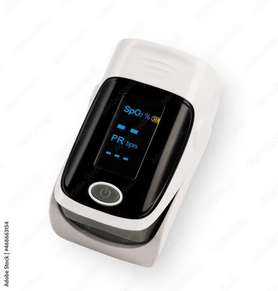 Pulse oximeter used to measure heart rate and oxygen level on a white