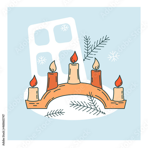 Christmas candles in a candlestick in the form of a slide. Window decoration. Winter card. Vector, isolated.