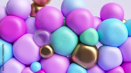 3d animation 4K. Abstract background with colorful balls, silicone rubber balloons falling down and filling the empty space photo