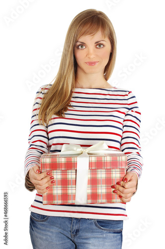 beautiful blonde received a gift. girl holding a box
