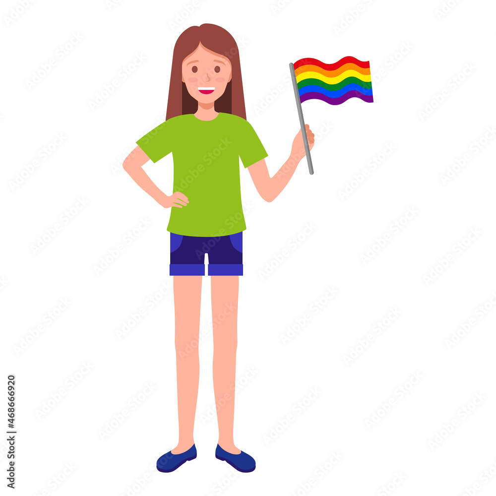 Brunette woman holding rainbow flag taking part in the pride parade. Brunette woman holding rainbow flag taking part in the pride parade.