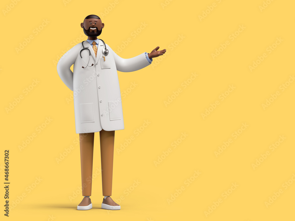 3d render. African cartoon character doctor makes presentation. Clip art isolated on yellow background. Professional medical advice and recommendation - obrazy, fototapety, plakaty 