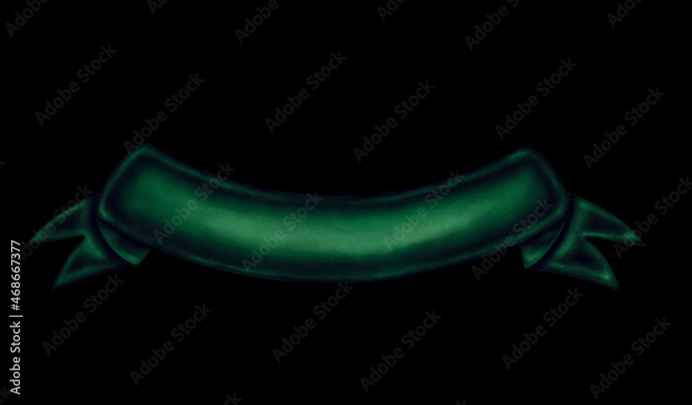 Hand drawn dark green watercolor vintage ribbon isolated at black