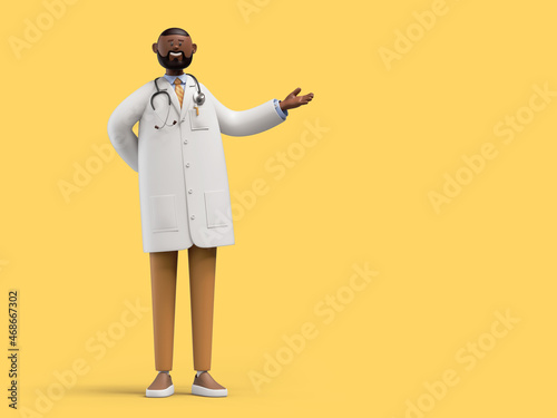 3d render. African cartoon character doctor makes presentation. Clip art isolated on yellow background. Professional medical advice and recommendation