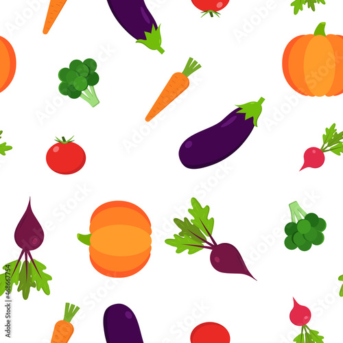 Seamless pattern with different vegetables on a white background. Drawn flat vegetables texture. Organic food illustration. Concept of food, harvest of vegetables