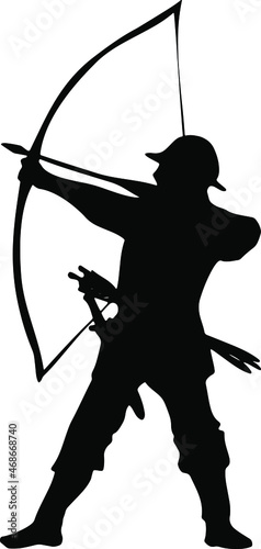 Black silhouette of an archer with arrows and a bow. A medieval warrior with a weapon is fighting in a war. Robin Hood from the English legend