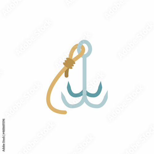 A climbing or boarding hook with a rope tied in a strong knot. Vector illustration in flat style.