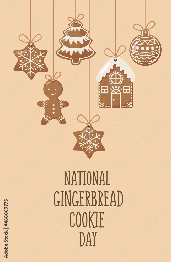 Fototapeta premium National Gingerbread Day Vector Illustration. Suitable for Greeting Card, Poster and Banner. Christmas decorated gingerbread cookies icon set vector. Gingerbread Cookie Poster, November 21.