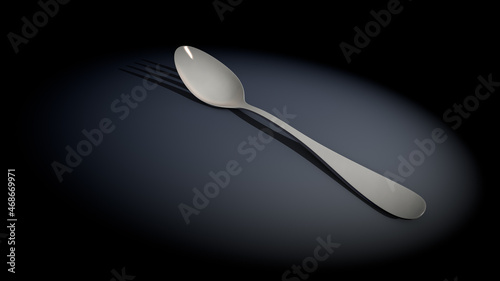 Abstract illustration of a spoon illuminated by a single spotlight on a bluish and dark background around casting the shadow of a fork on the ground