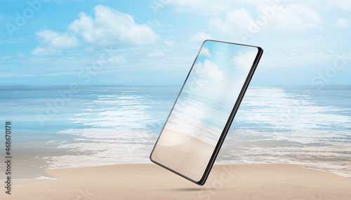 mobile phone with beach bac...