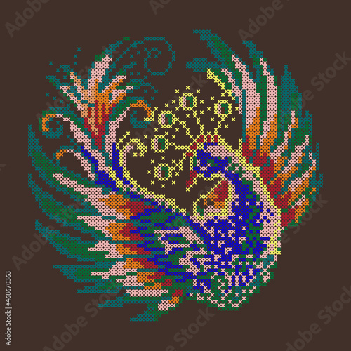 Embroidered peacock, cross stitch pattern of beautiful bird, vector illustration