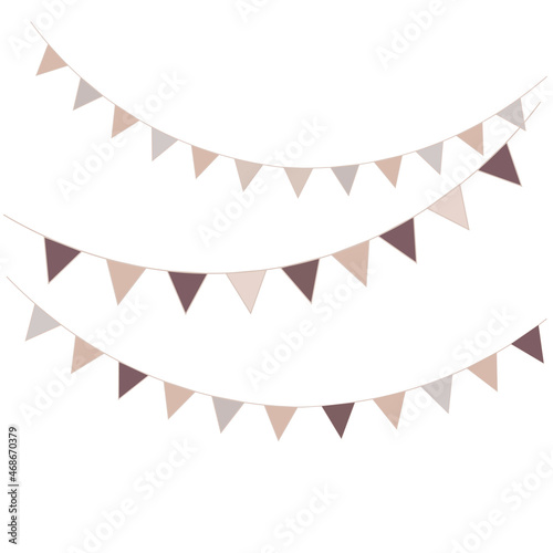 Garland with triangular flags. Vector stock illustration. Beige colors. For a children's postcard. The border element of the frame. Boho. Isolated on a white background.