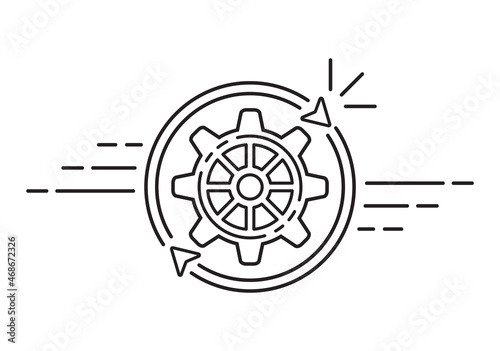 Easy work operation with rotate gear, finish workflow process, data update line icon. Turn cogwheel, reverse motion. Loading connection, cash flow, technical support, result action. Оutline vector