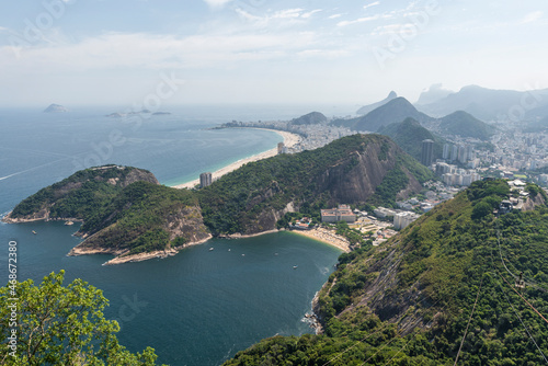 View of Rio de Janeiro cityscape from Sugar Loaf hill, view of Copacabana beach at sunset, Brazil. photo