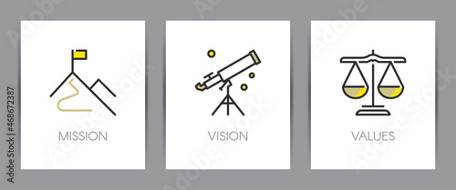 Mission, vision and values of company. Business concept. Web page template. Metaphors with icons.