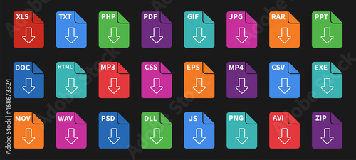 Different file extension download buttons isolated on dark background. File format icons