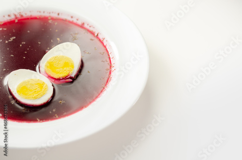 Beetroot red soup, borscht. Traditional Ukrainian, Polish or Russian borscht with boiled egg