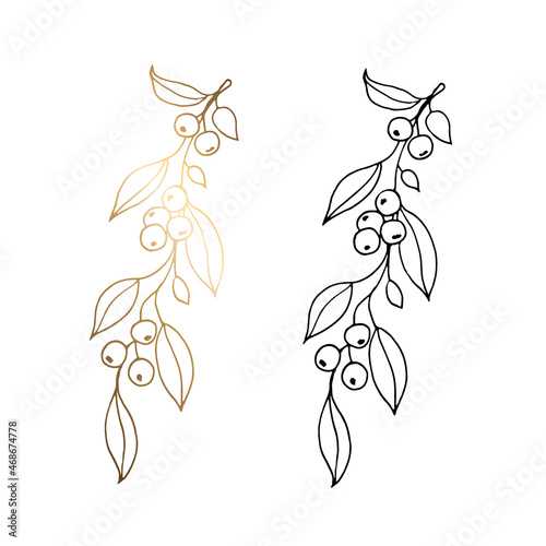 Monochrome and golden graceful branches with small berries isolated on a white background. Hand-drawn black and white vector illustration of small leaves, apples. For print and web pages