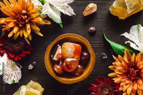 Bowl of Carnelian with Autumn Stones and Flowers