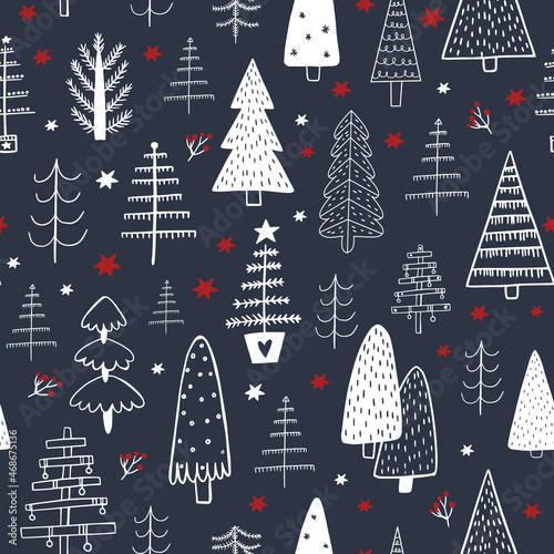 christmas seamless pattern with tree on dark blue background. winter holiday decoration, black andd blue christmas trees.