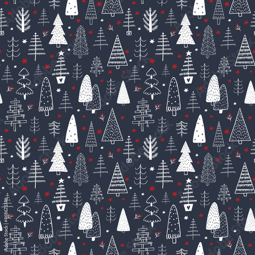 3D Fototapete Baum - Fototapete christmas seamless pattern with tree on dark blue background. winter holiday decoration, black andd blue christmas trees.