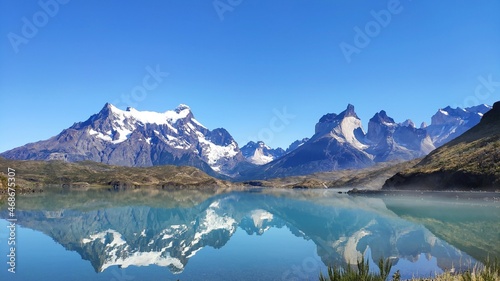 Fototapeta Naklejka Na Ścianę i Meble -  View of Cuernos del Paine and Lago Pehoe at Torres del Paine National Park in Chilean Patagonia.