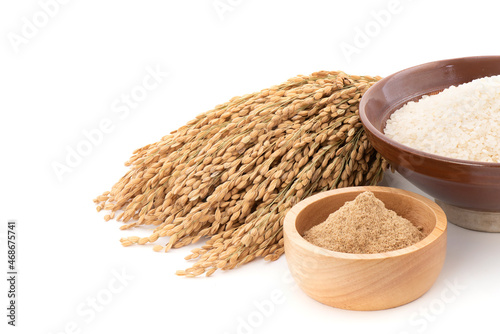 Japanese rices,seeds and bran isolated on white background.