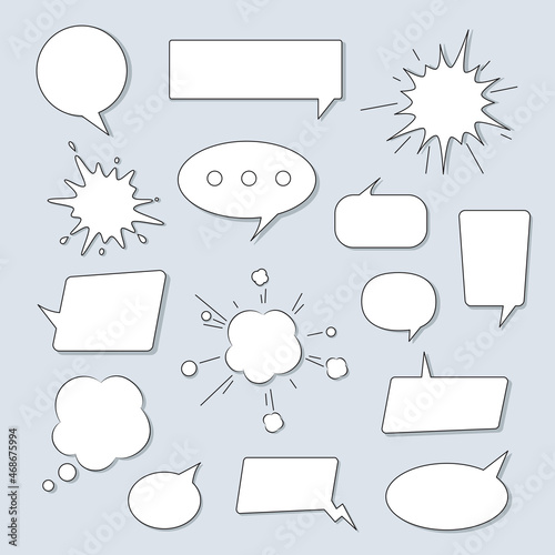 Speech bubbles set isolated on gray background. Collection of trendy speech bubbles with shadow in flat style. Speech bubble template for social network and app concept. Vector illustration