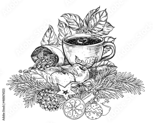 Hand drawn sketch black and white of coffee grain, cup, mill, leaf, branch. Vector illustration. Elements in graphic style label, card, sticker, menu, package. Engraved style illustration.