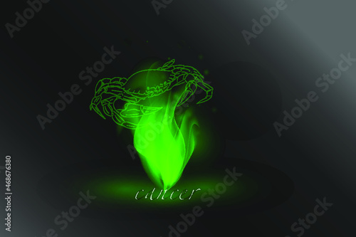 Zodiac sign in a glowing flame on a gray background. Astrological symbolism.