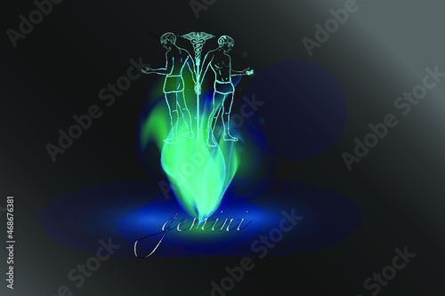 Zodiac sign in a glowing flame on a gray background. Astrological symbolism.