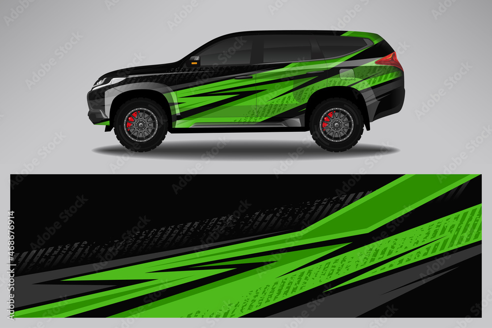 Fototapeta premium Car wrap design race livery vehicle vector. Graphic abstract stripe racing background kit designs for vehicle, race car, rally, adventure and livery