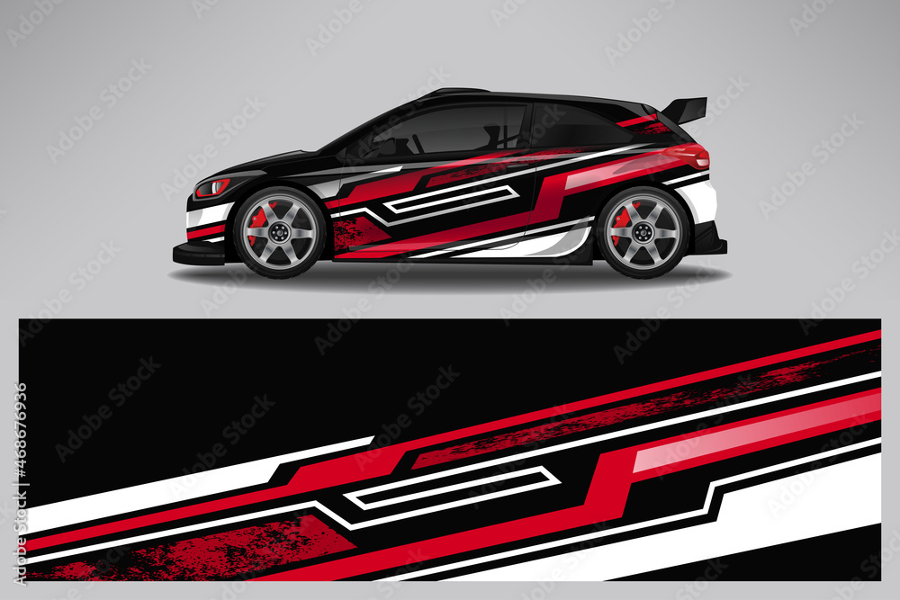 Obraz premium Car wrap design race livery vehicle vector. Graphic abstract stripe racing background kit designs for vehicle, race car, rally, adventure and livery
