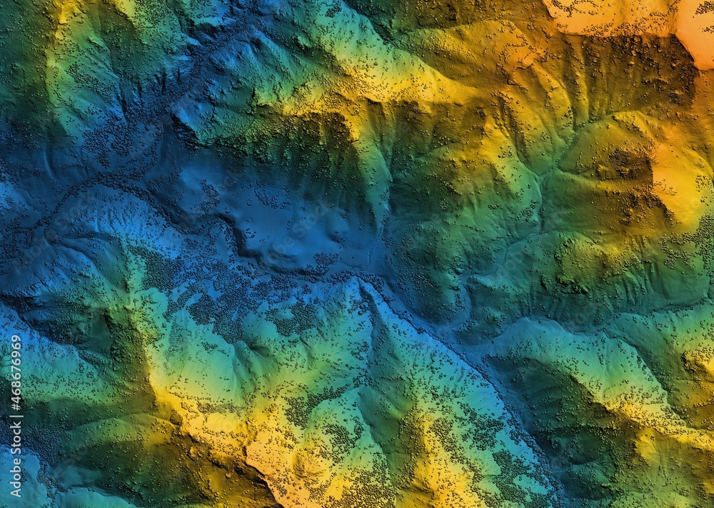 Digital elevation model. GIS product made after proccesing aerial pictures taken from a drone. It shows high rocky and steep mountain peaks. At their feet are visible valleys and mountain lakes