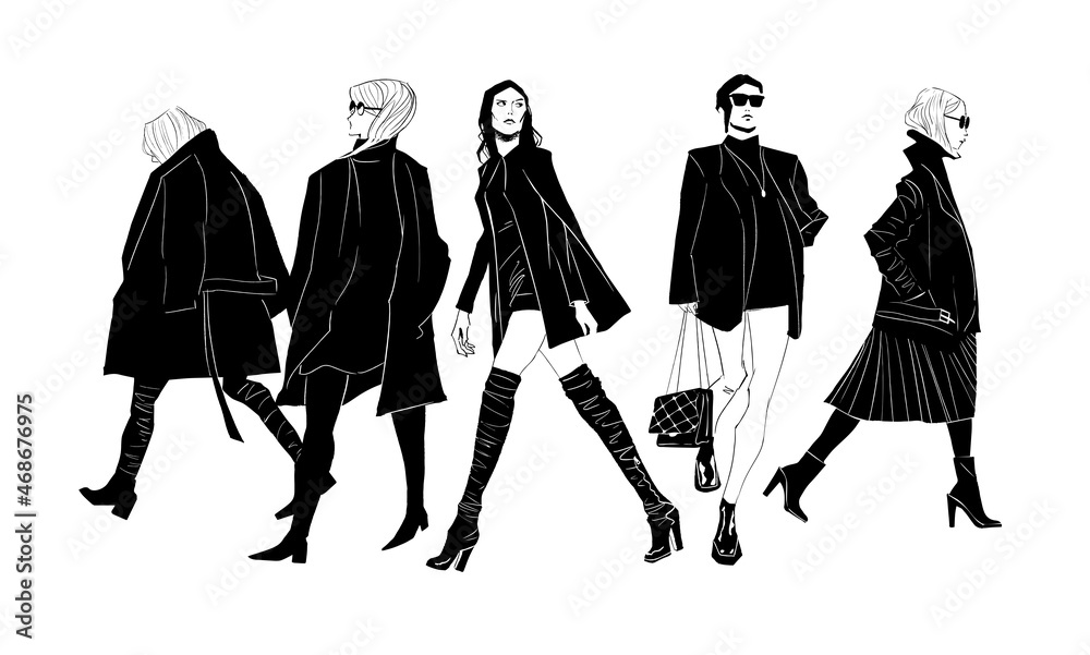 Stylish Women Walking on Urban Street. Vector Illustration