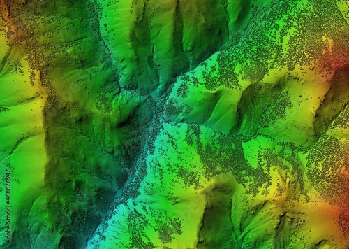 Digital elevation model. GIS product made after proccesing aerial pictures taken from a drone. It shows high rocky and steep mountain peaks. At their feet are visible valleys and mountain lakes