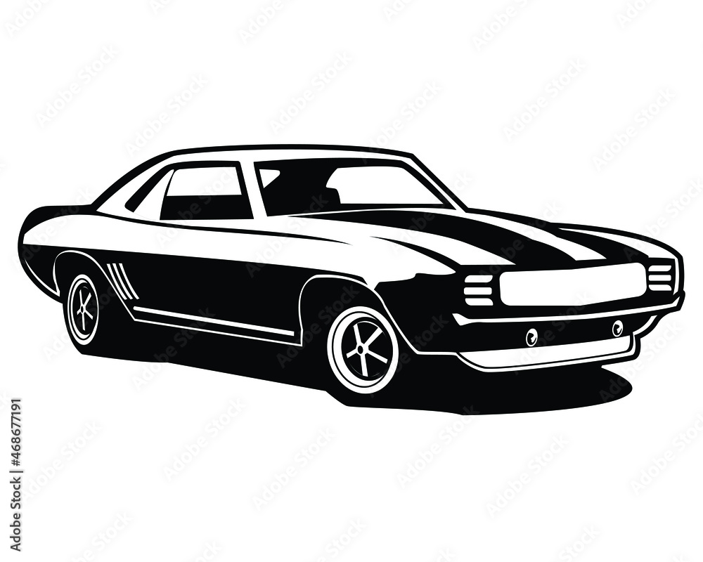 Retro muscle car vector illustration. Vintage poster of reto car. Old mobile isolated on white.