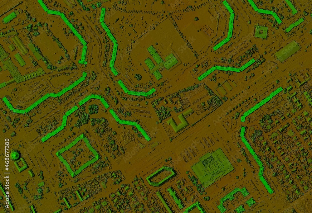 Digital elevation model. GIS 3D illustration made after proccesing aerial pictures taken from a drone. It shows lidar scanned, huge urban area of a city with roads and junctions between dense blocks