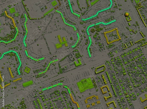Digital elevation model. GIS 3D illustration made after proccesing aerial pictures taken from a drone. It shows lidar scanned  huge urban area of a city with roads and junctions between dense blocks
