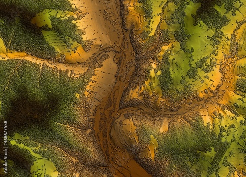 Digital elevation model. GIS 3D illustration made after proccesing aerial pictures taken from a drone. It shows the urban area of a scattered narrow village set in a valley