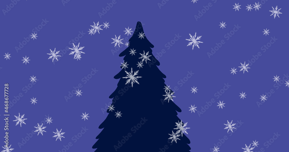 Image of snow falling over christmas tree on purple background Image of snow falling over christmas tree on purple background