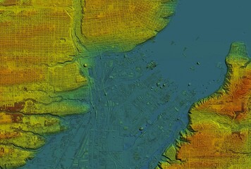 Digital elevation model. GIS 3D illustration made after proccesing aerial pictures taken from a drone. It shows lidar scanned, huge urban area of a city with roads and junctions between dense blocks